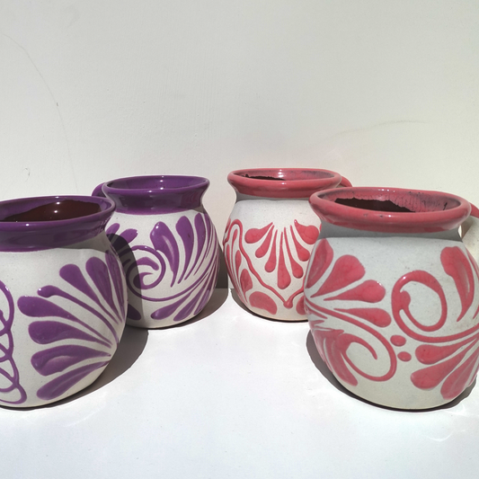 Pink and purple Mug set 2 or 4 Mexican coffee taza handmade clay, barro