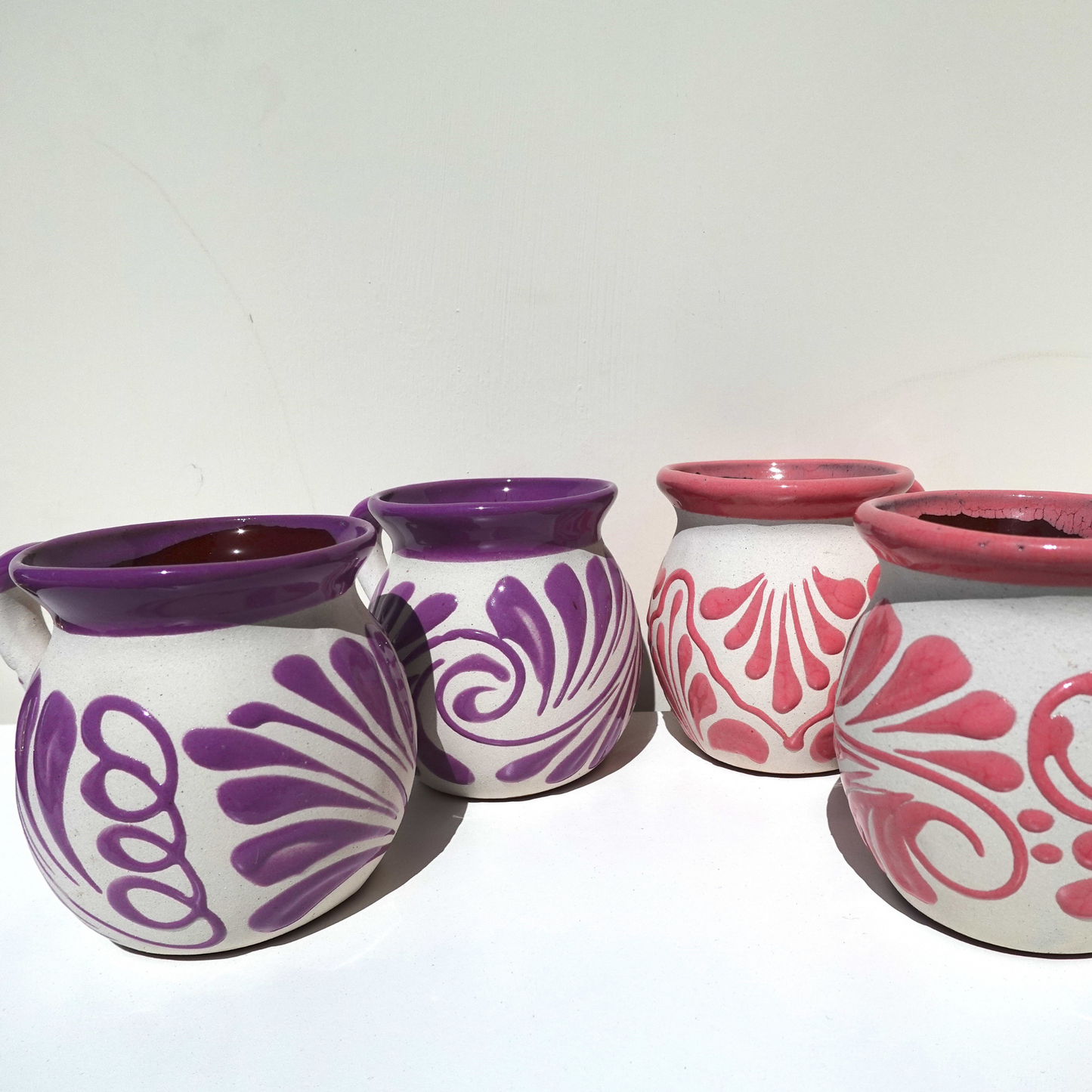 Pink and purple Mug set 2 or 4 Mexican coffee taza handmade clay, barro