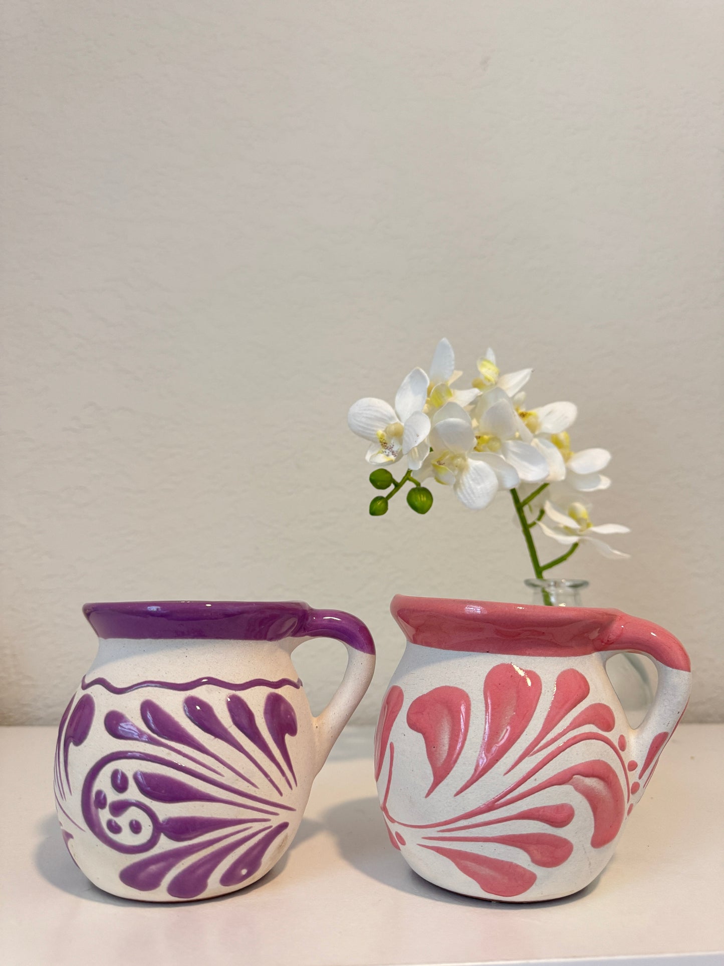 Pink and purple Mug set 2 or 4 Mexican coffee taza handmade clay, barro