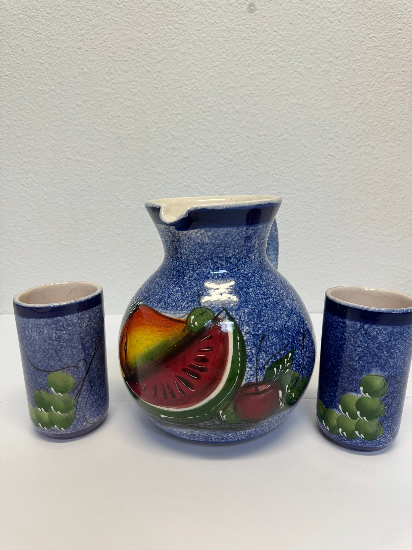 Mexican hand made pottery agua fresca jar and cup set, juego de jarra y vasos.