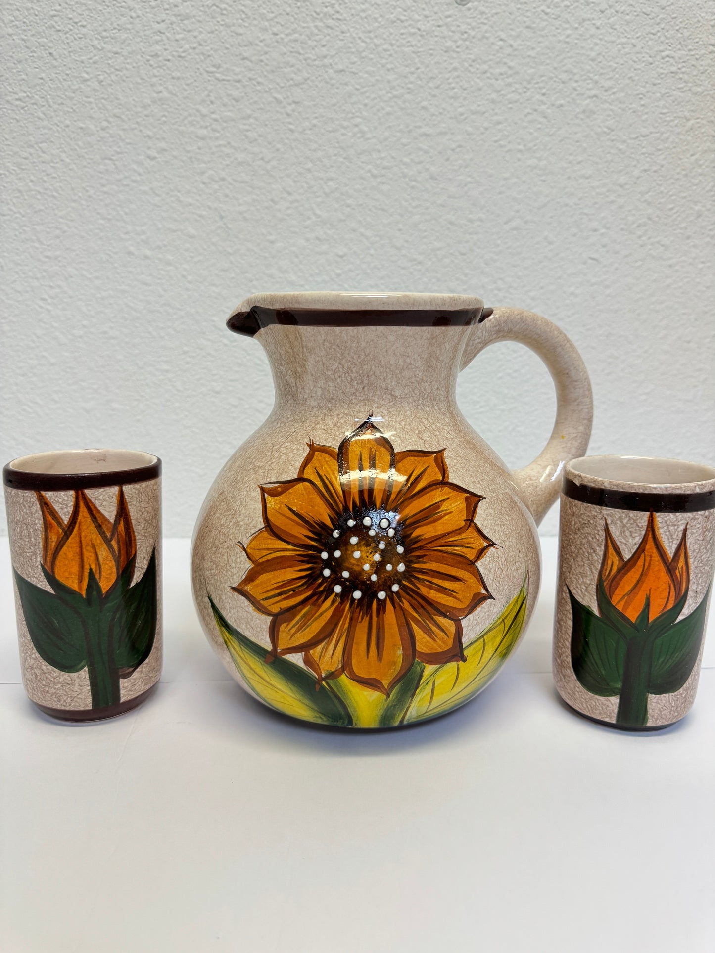 Mexican hand made pottery agua fresca jar and cup set, juego de jarra y vasos.
