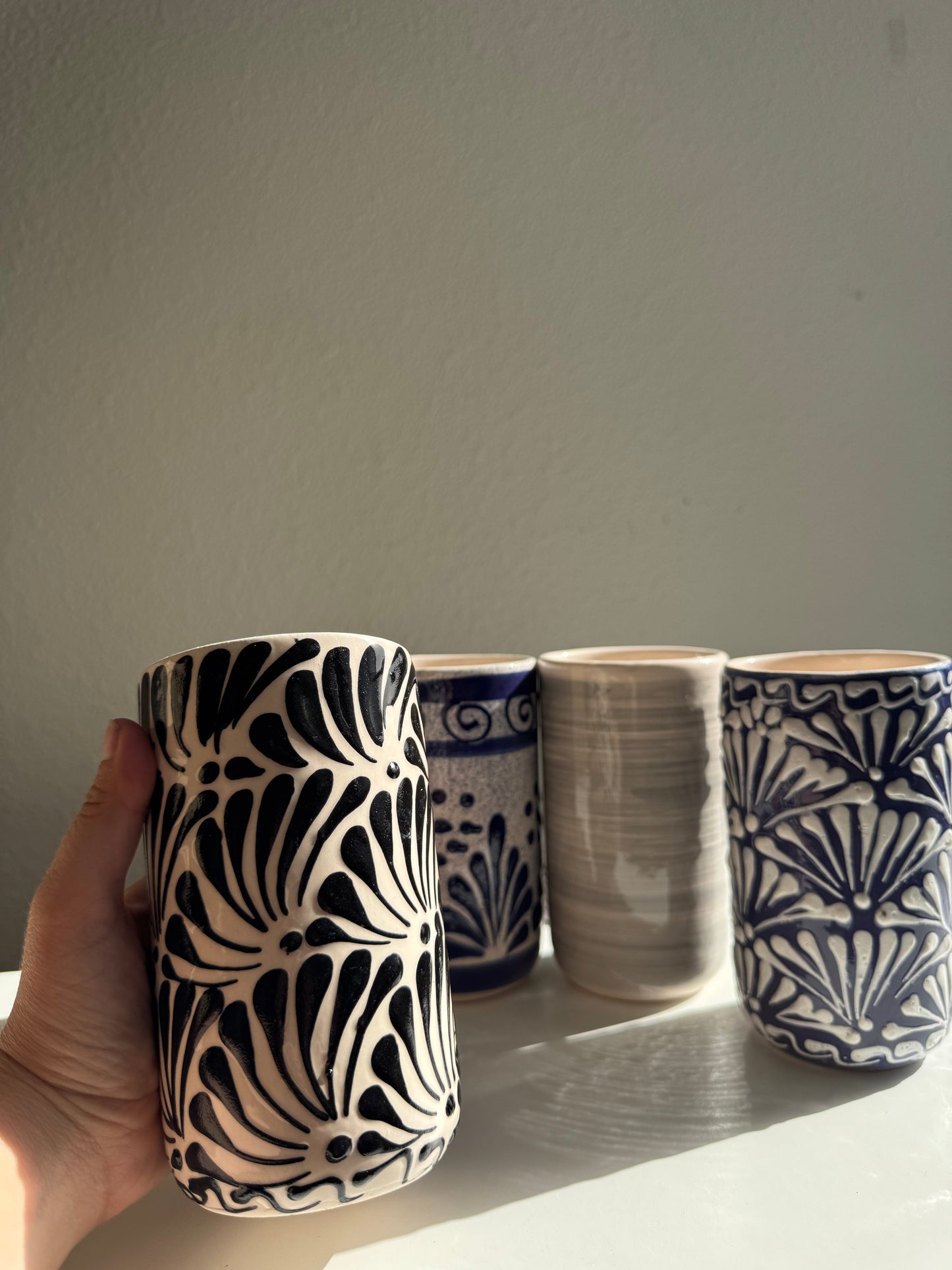 Mexican hand made pottery agua fresca jar and cup set, juego de jarra y vasos.