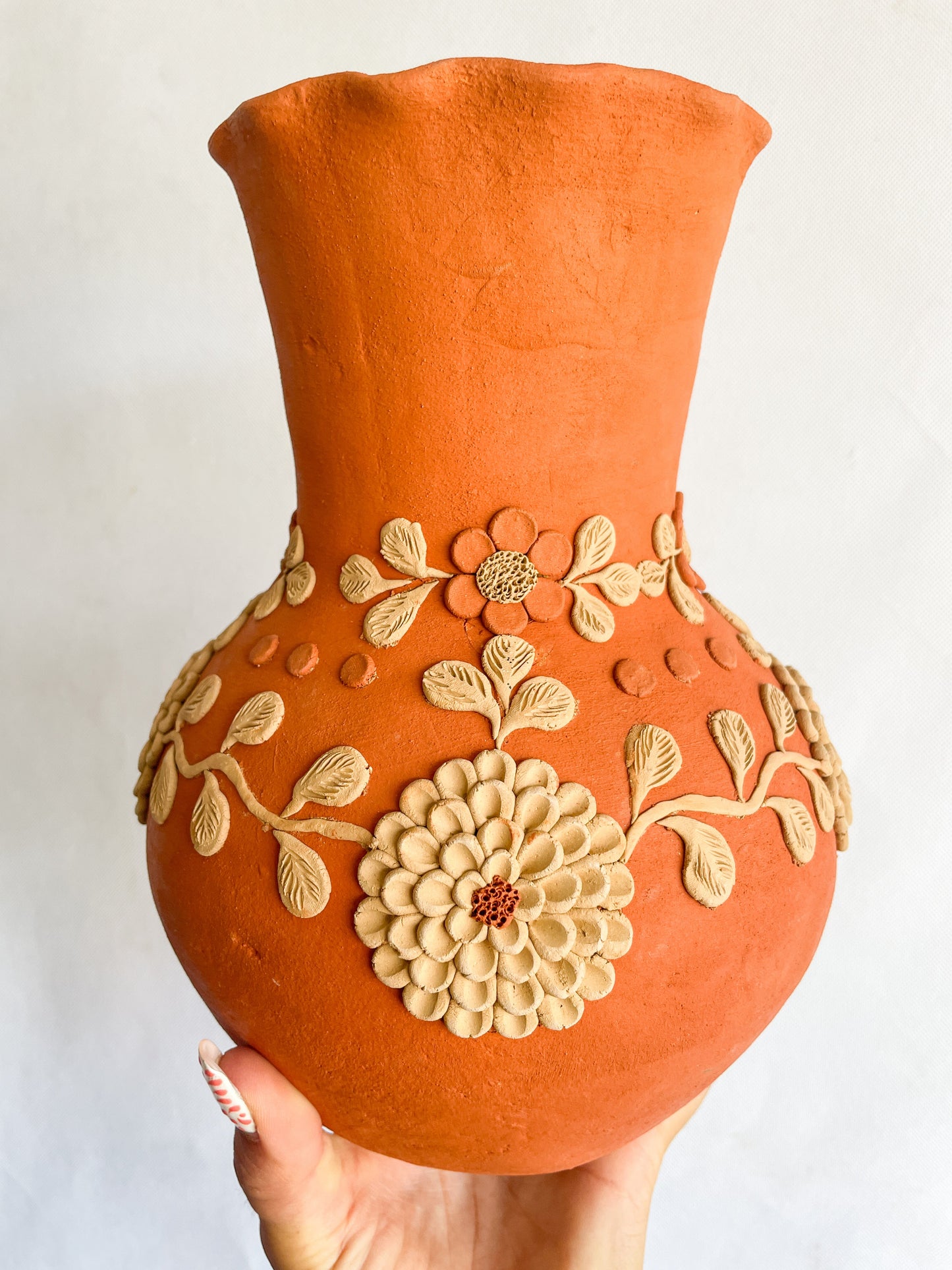 Velasco Oaxaca Pottery Vase Flower Vase Florero Barro Rojo Clay Filigrana Clay Embroidery