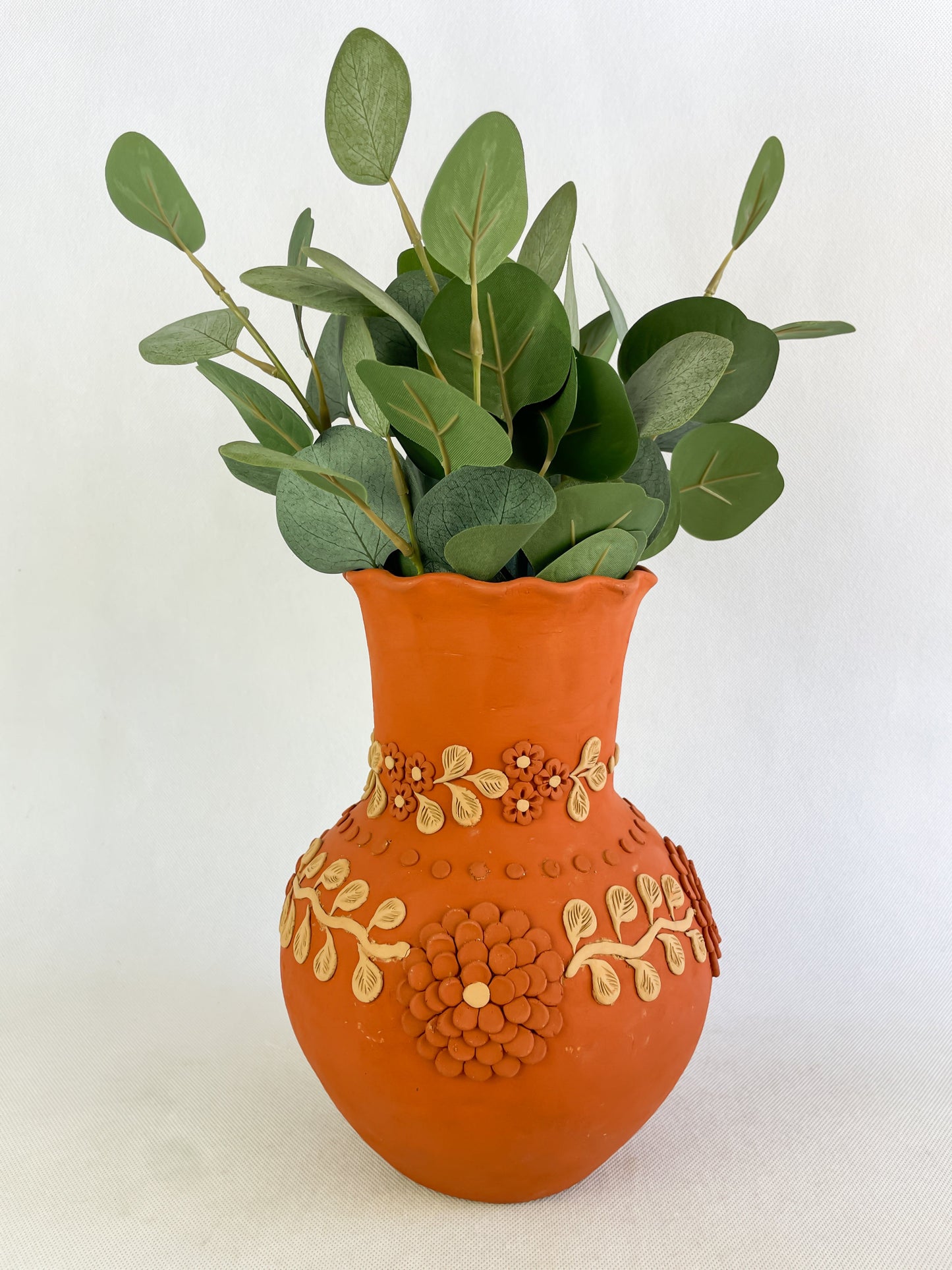 Velasco Oaxaca Pottery Vase Flower Vase Florero Barro Rojo Clay Filigrana Clay Embroidery