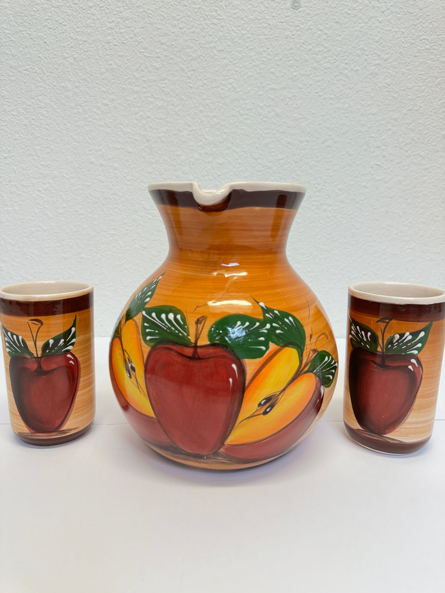 Mexican hand made pottery agua fresca jar and cup set, juego de jarra y vasos.