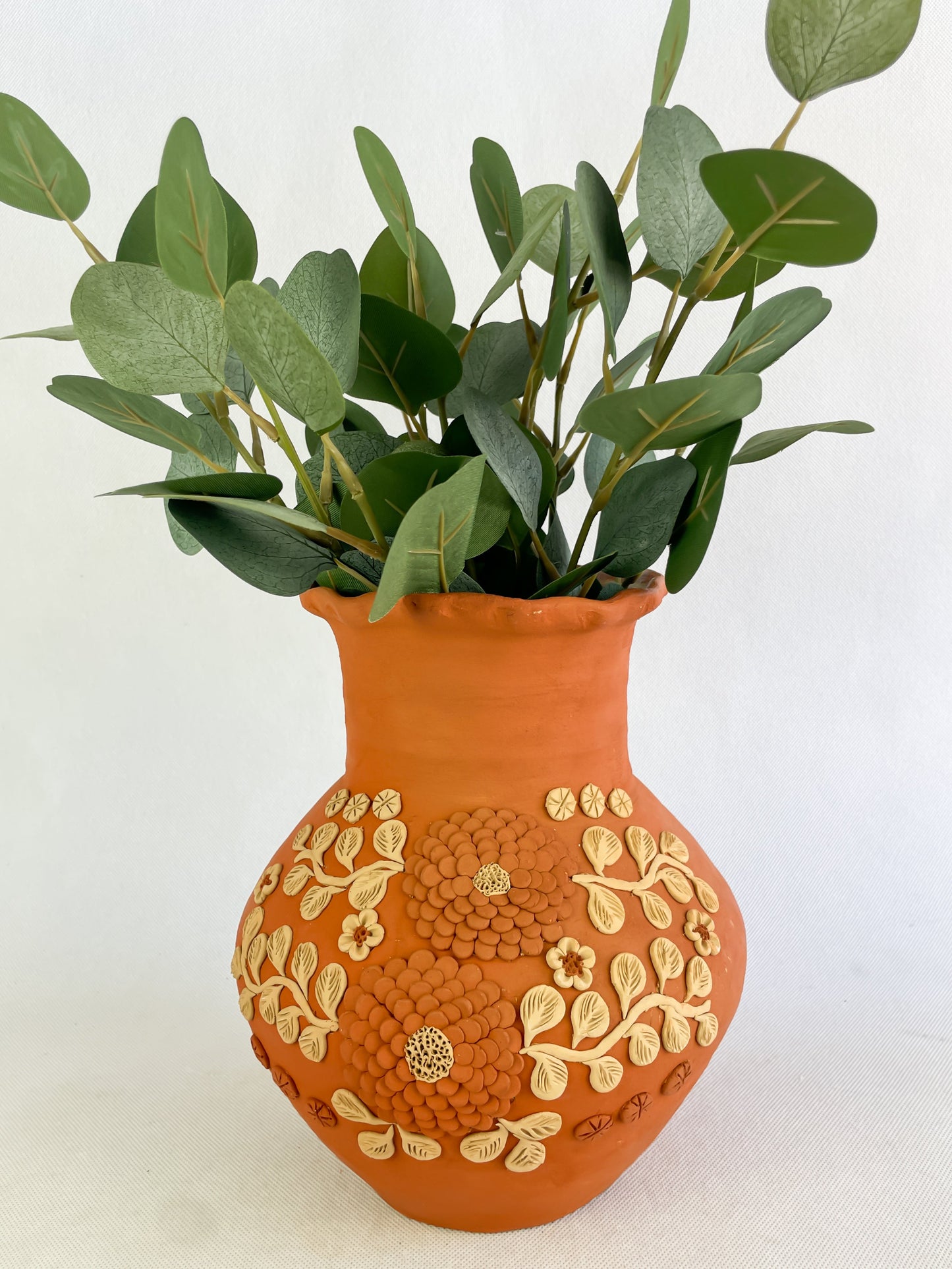 Velasco Oaxaca Pottery Vase Flower Vase Florero Barro Rojo Clay Filigrana Clay Embroidery