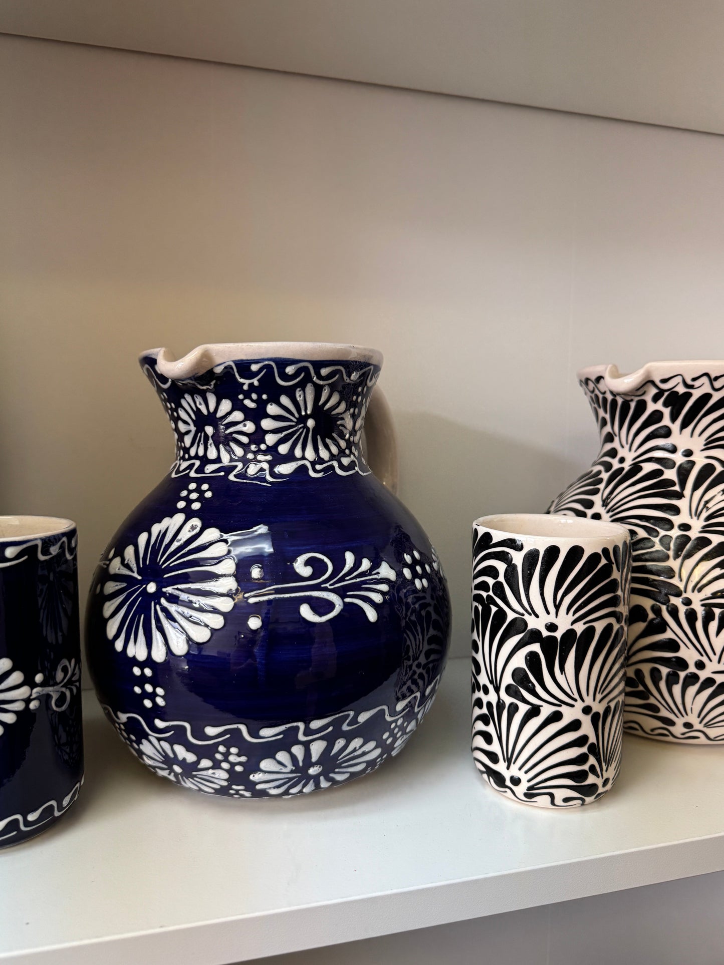Mexican hand made pottery agua fresca jar and cup set, juego de jarra y vasos.