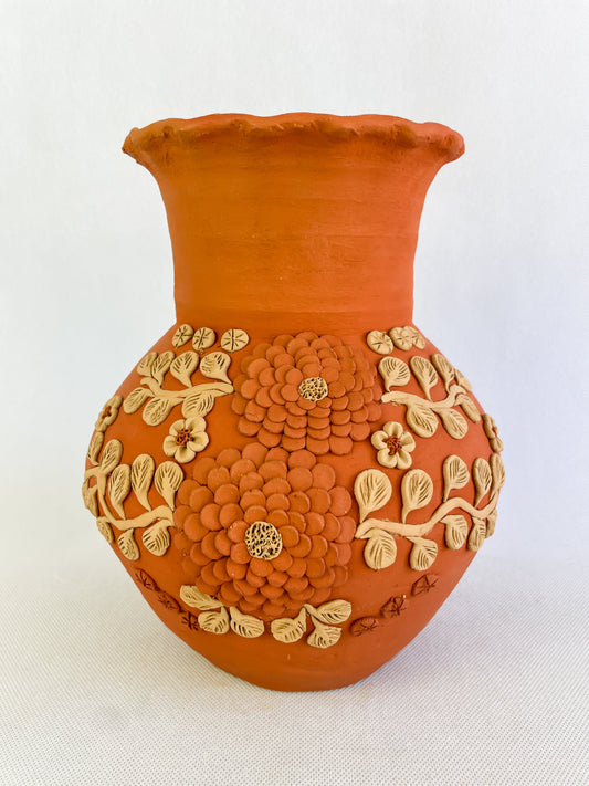 Velasco Oaxaca Pottery Vase Flower Vase Florero Barro Rojo Clay Filigrana Clay Embroidery